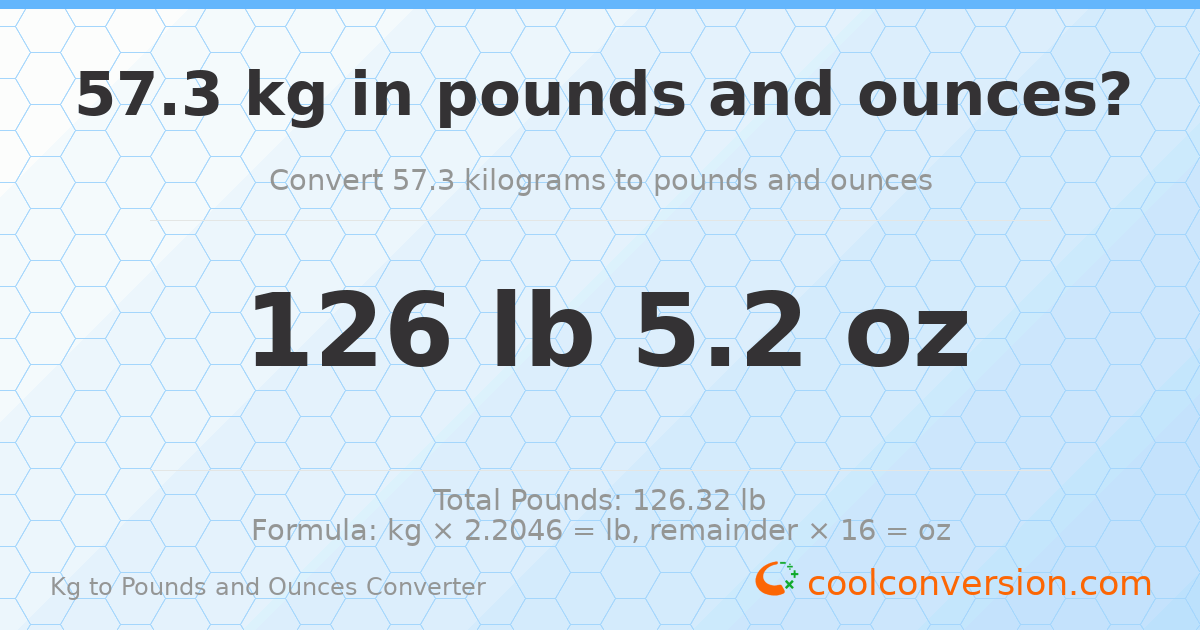 57.3 kg to lbs and oz — 57.3 kg = 126 lb 5.2 oz