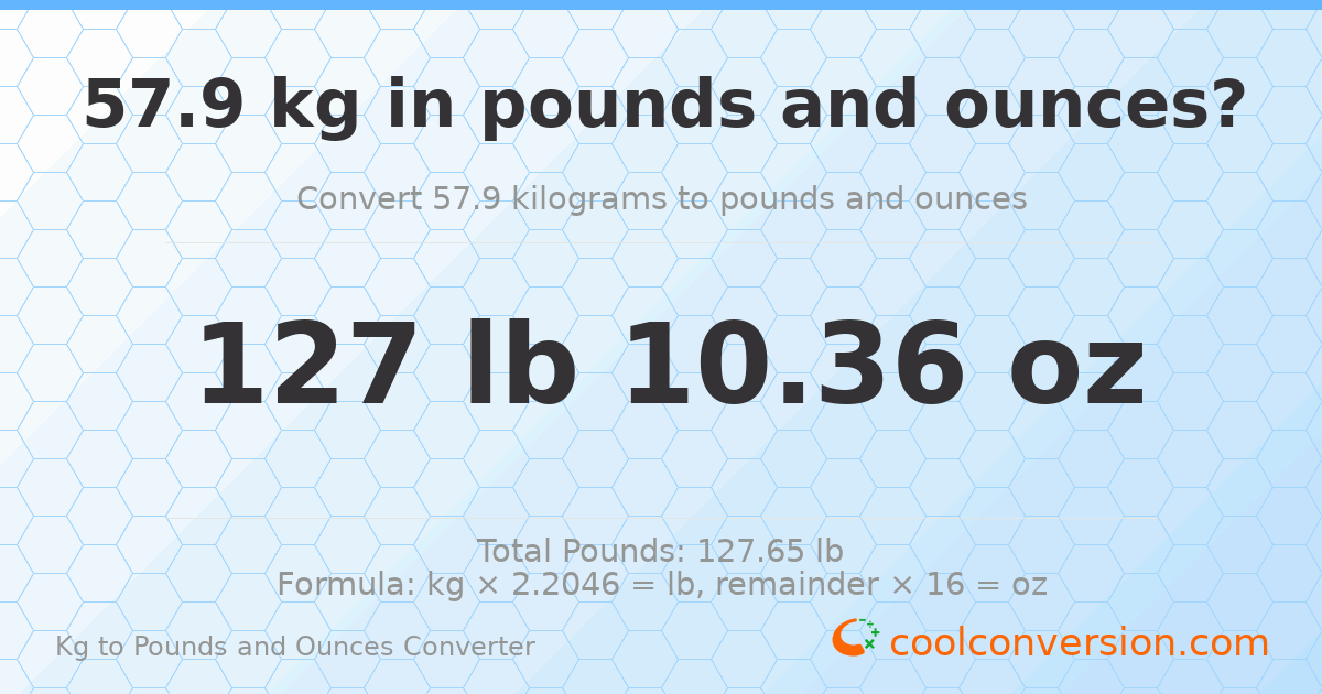 57.9 kg to lbs and oz — 57.9 kg = 127 lb 10.36 oz