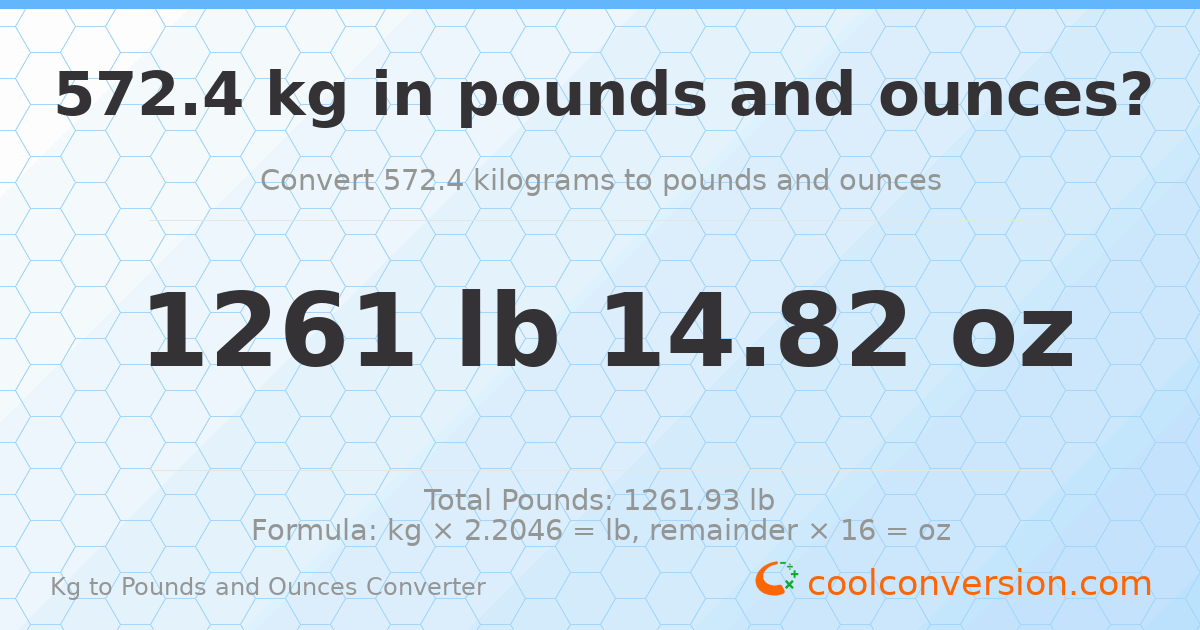 572.4 kg to lbs and oz — 572.4 kg = 1261 lb 14.82 oz