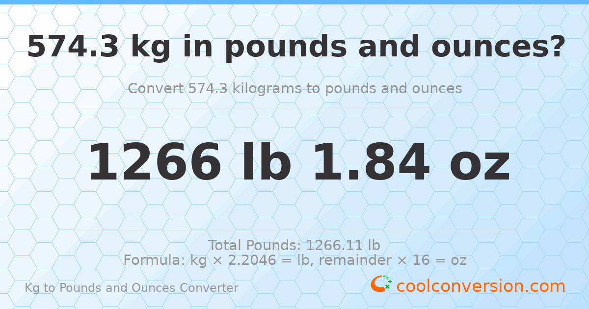 574.3 kg to lbs and oz — 574.3 kg = 1266 lb 1.84 oz