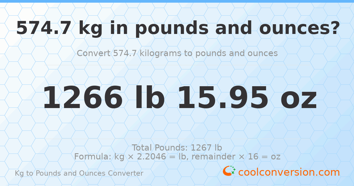 574.7 kg to lbs and oz — 574.7 kg = 1266 lb 15.95 oz