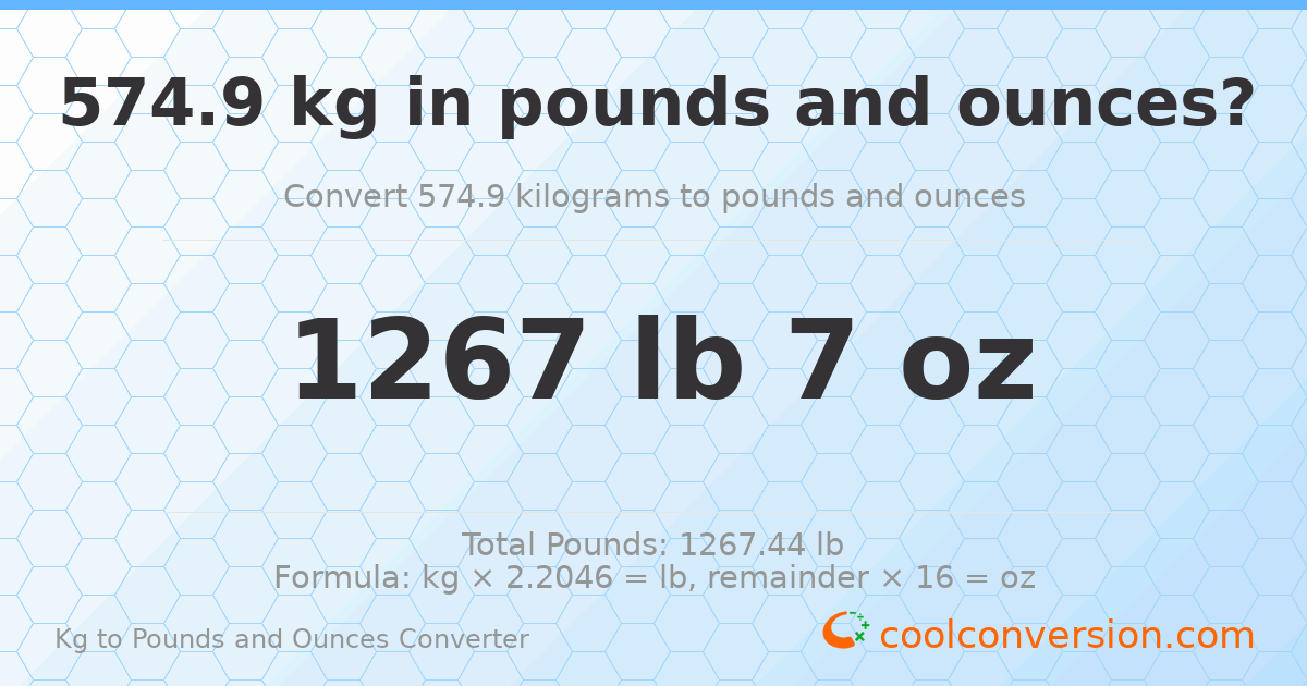 574.9 kg to lbs and oz — 574.9 kg = 1267 lb 7 oz