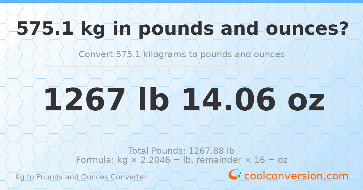 575.1 kg to lbs and oz — 575.1 kg = 1267 lb 14.06 oz
