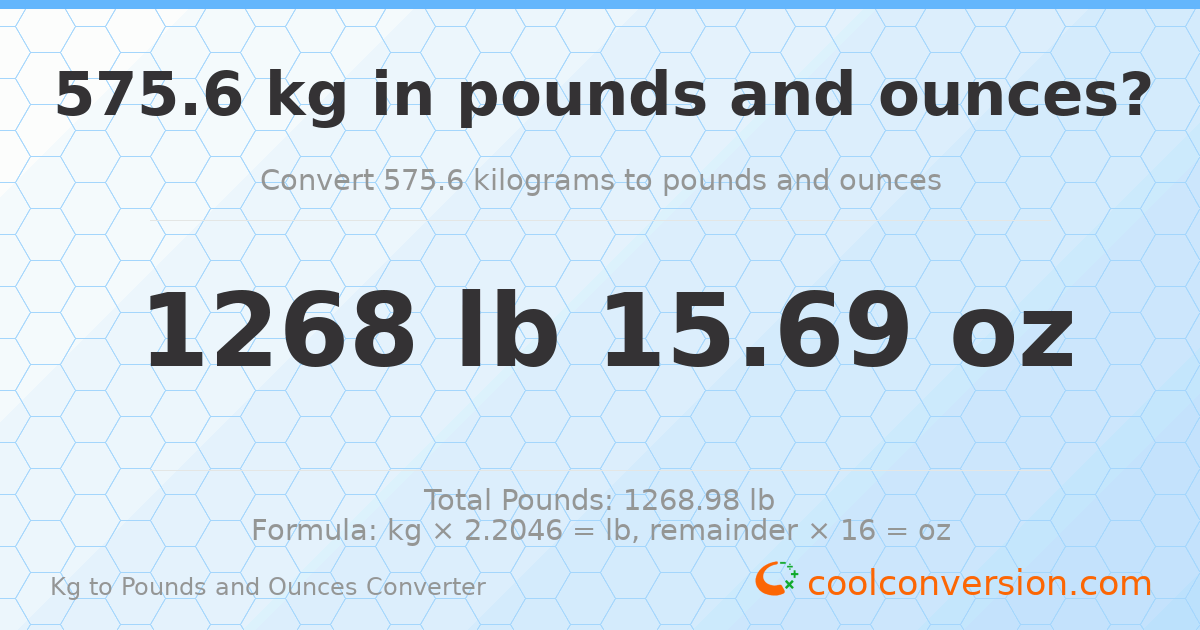 575.6 kg to lbs and oz — 575.6 kg = 1268 lb 15.69 oz