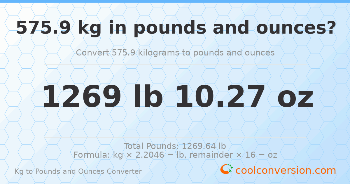 575.9 kg to lbs and oz — 575.9 kg = 1269 lb 10.27 oz
