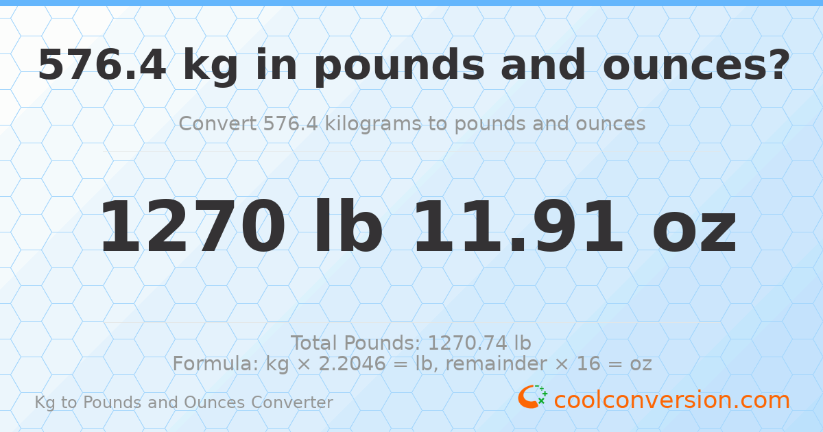 576.4 kg to lbs and oz — 576.4 kg = 1270 lb 11.91 oz
