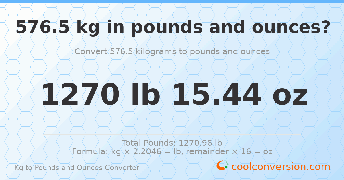 576.5 kg to lbs and oz — 576.5 kg = 1270 lb 15.44 oz