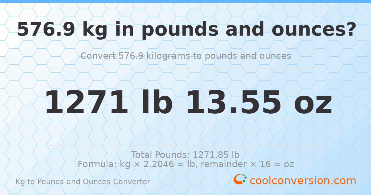576.9 kg to lbs and oz — 576.9 kg = 1271 lb 13.55 oz