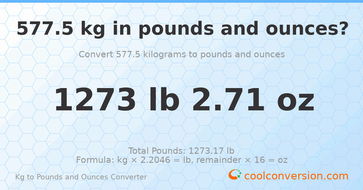 577.5 kg to lbs and oz — 577.5 kg = 1273 lb 2.71 oz