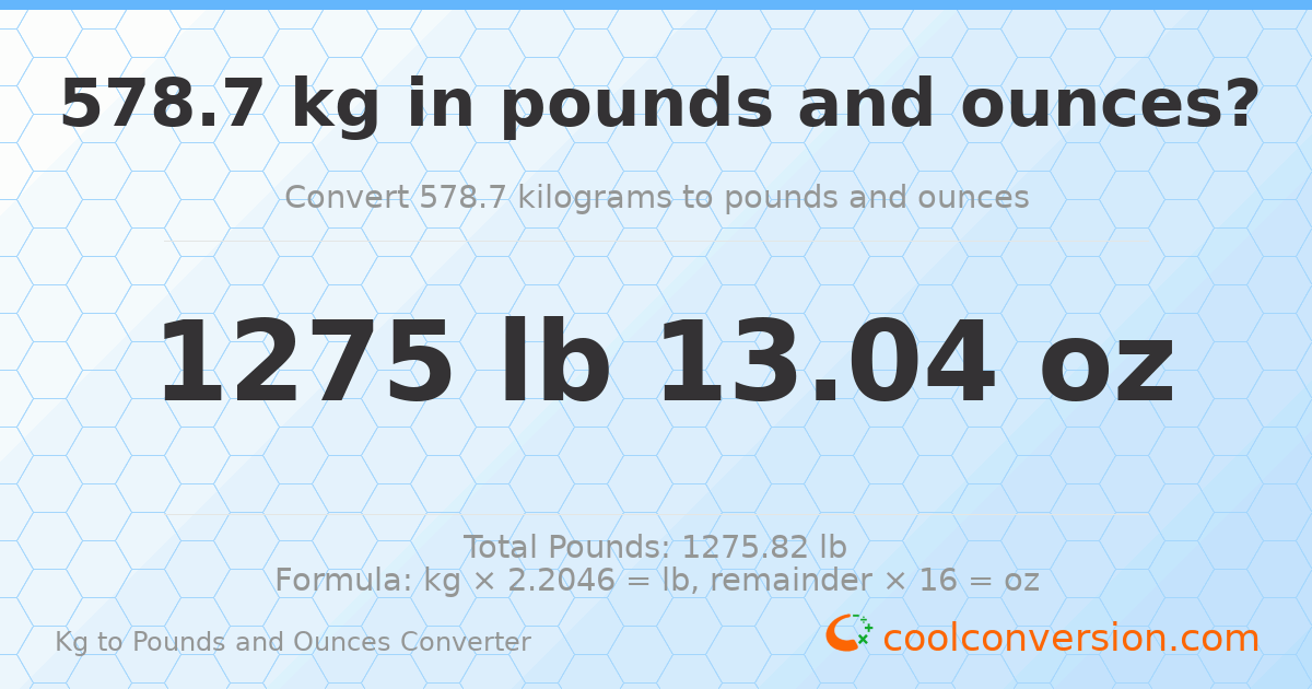 578.7 kg to lbs and oz — 578.7 kg = 1275 lb 13.04 oz