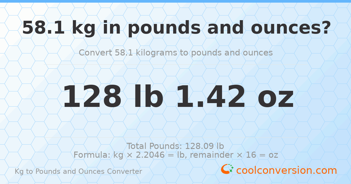 58.1 kg to lbs and oz — 58.1 kg = 128 lb 1.42 oz
