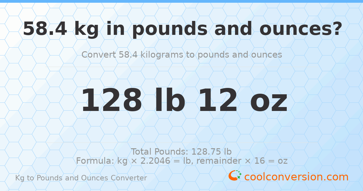 58.4 kg to lbs and oz — 58.4 kg = 128 lb 12 oz