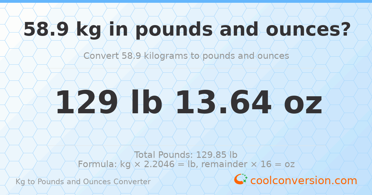 58.9 kg to lbs and oz — 58.9 kg = 129 lb 13.64 oz