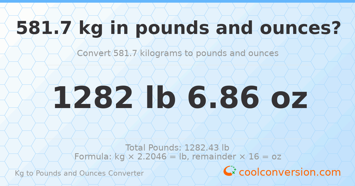 581.7 kg to lbs and oz — 581.7 kg = 1282 lb 6.86 oz
