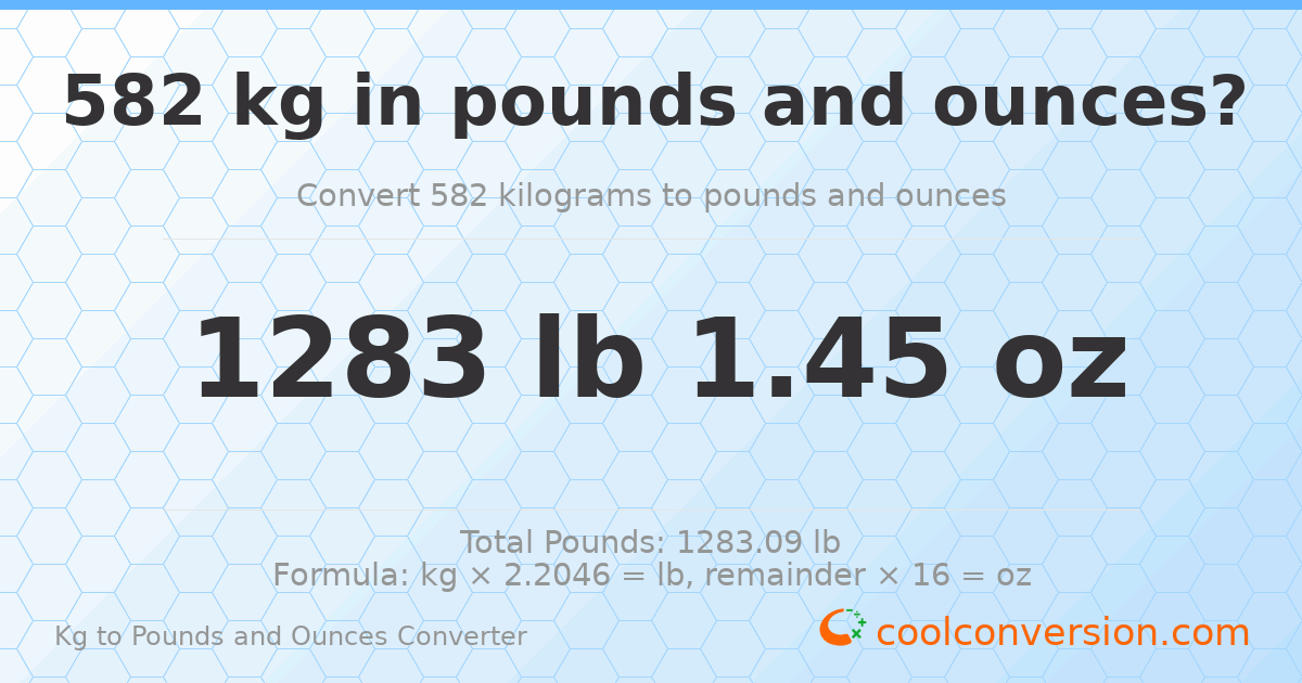 582 kg to lbs and oz — 582 kg = 1283 lb 1.45 oz