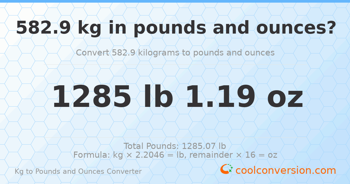 582.9 kg to lbs and oz — 582.9 kg = 1285 lb 1.19 oz