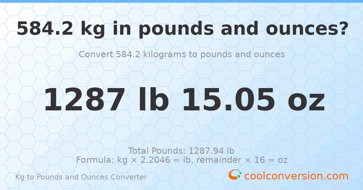 584.2 kg to lbs and oz — 584.2 kg = 1287 lb 15.05 oz