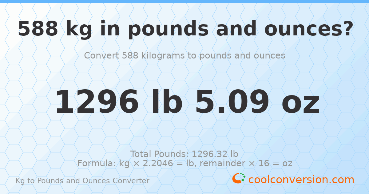 588 kg to lbs and oz — 588 kg = 1296 lb 5.09 oz