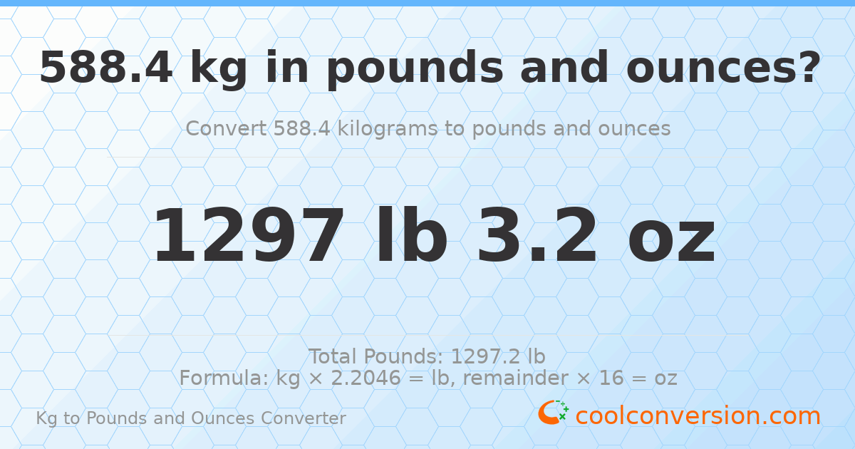 588.4 kg to lbs and oz — 588.4 kg = 1297 lb 3.2 oz
