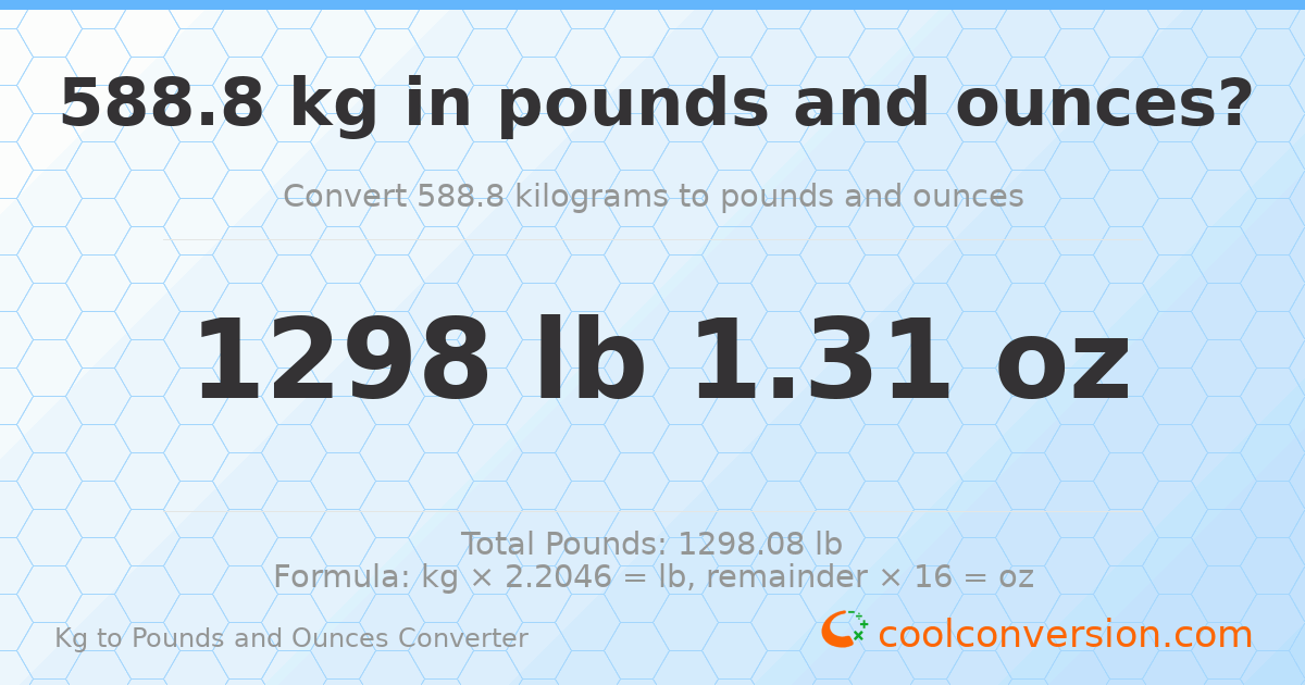 588.8 kg to lbs and oz — 588.8 kg = 1298 lb 1.31 oz
