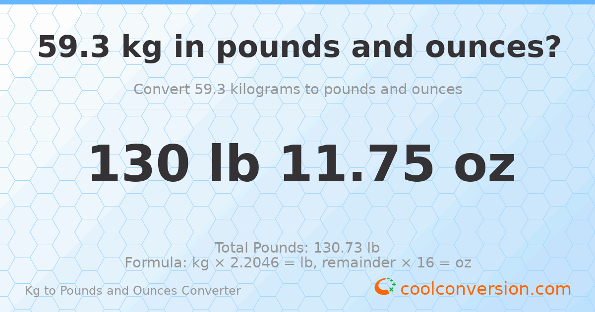 59.3 kg to lbs and oz — 59.3 kg = 130 lb 11.75 oz