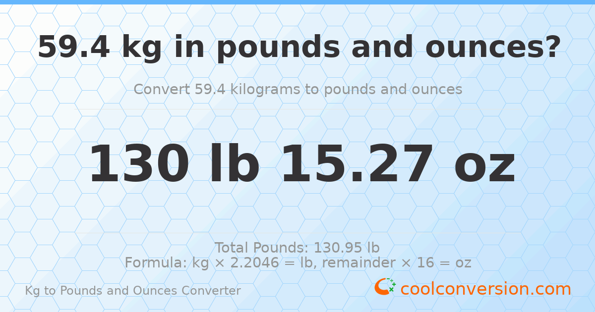 59.4 kg to lbs and oz — 59.4 kg = 130 lb 15.27 oz