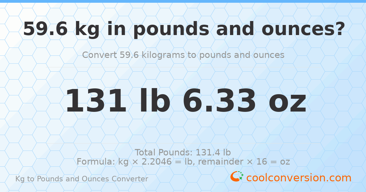 59.6 kg to lbs and oz — 59.6 kg = 131 lb 6.33 oz