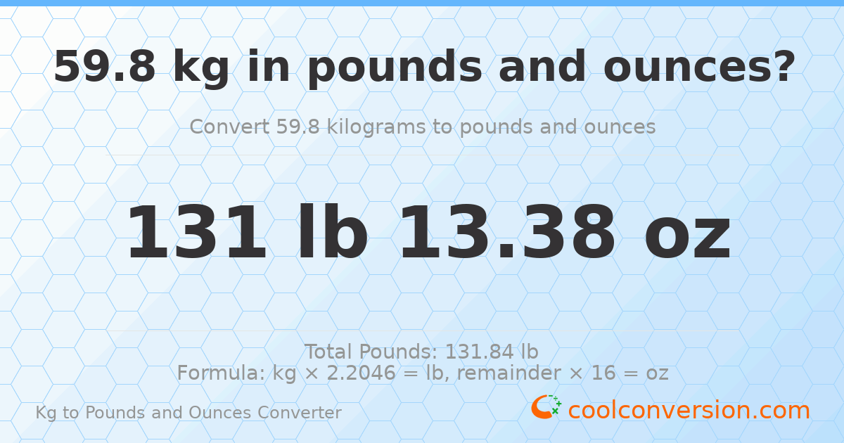 59.8 kg to lbs and oz — 59.8 kg = 131 lb 13.38 oz