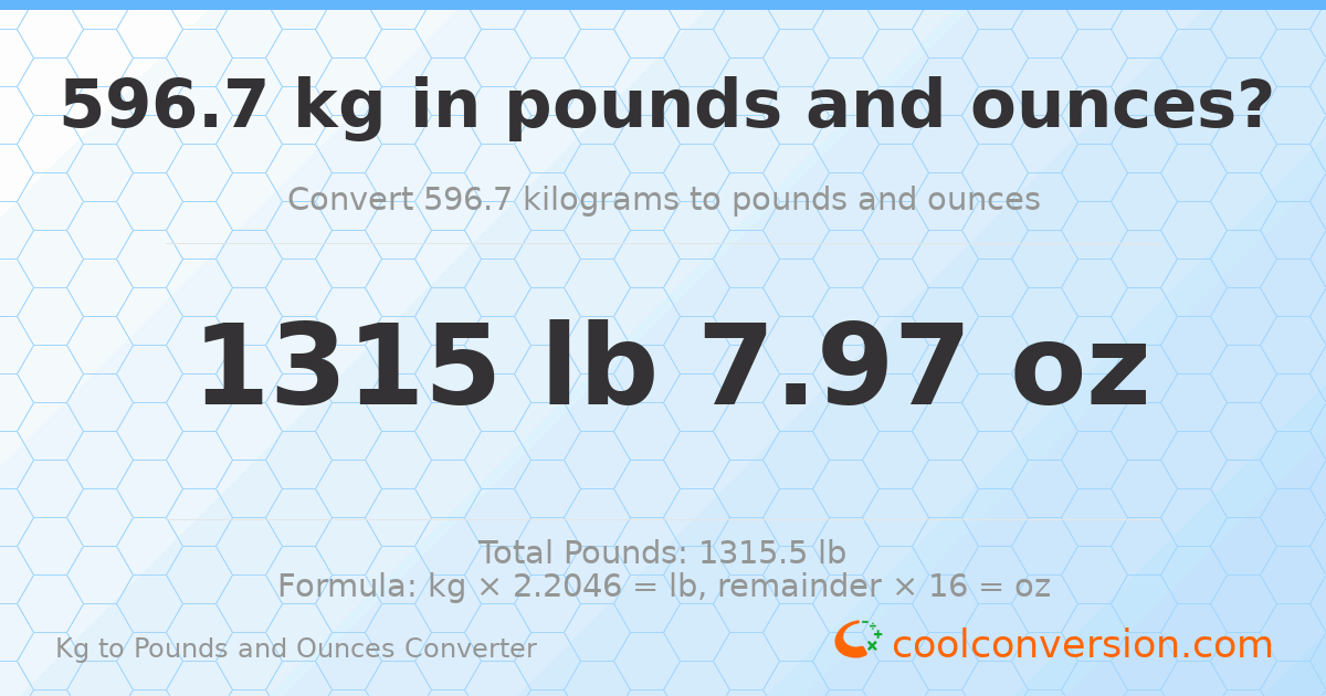596.7 kg to lbs and oz — 596.7 kg = 1315 lb 7.97 oz