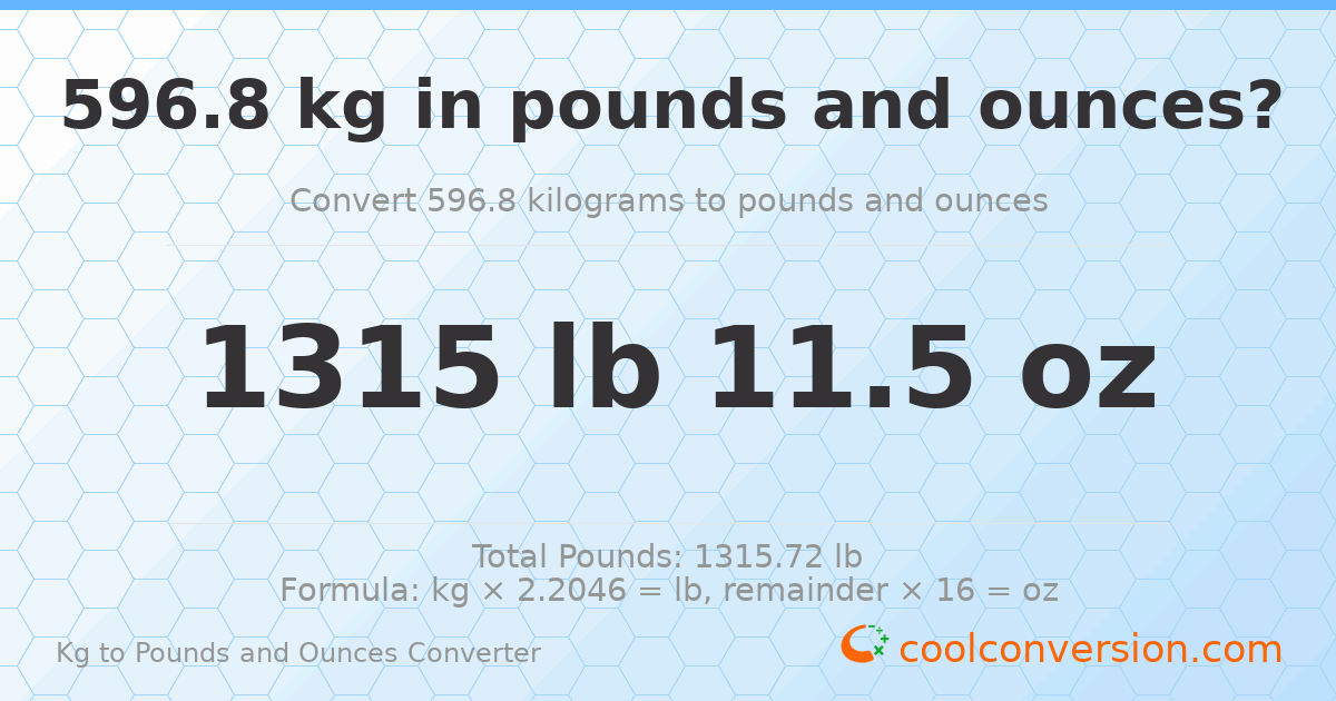 596.8 kg to lbs and oz — 596.8 kg = 1315 lb 11.5 oz