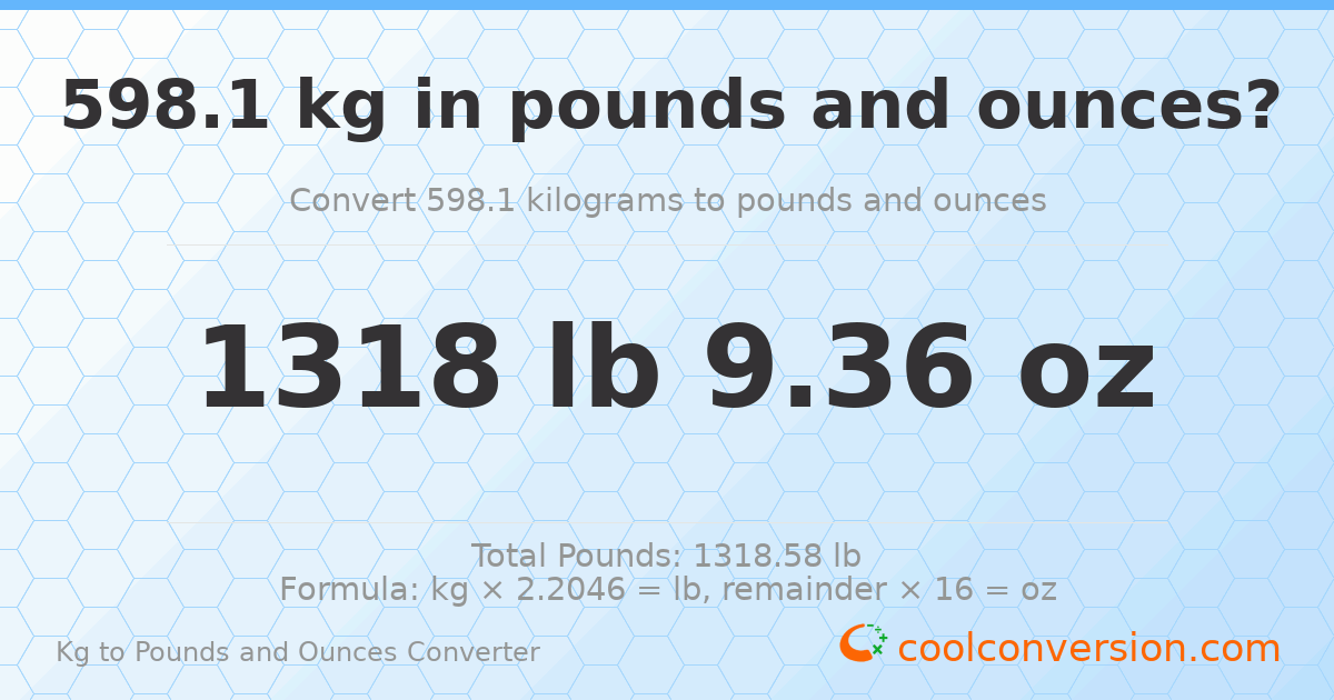 598.1 kg to lbs and oz — 598.1 kg = 1318 lb 9.36 oz