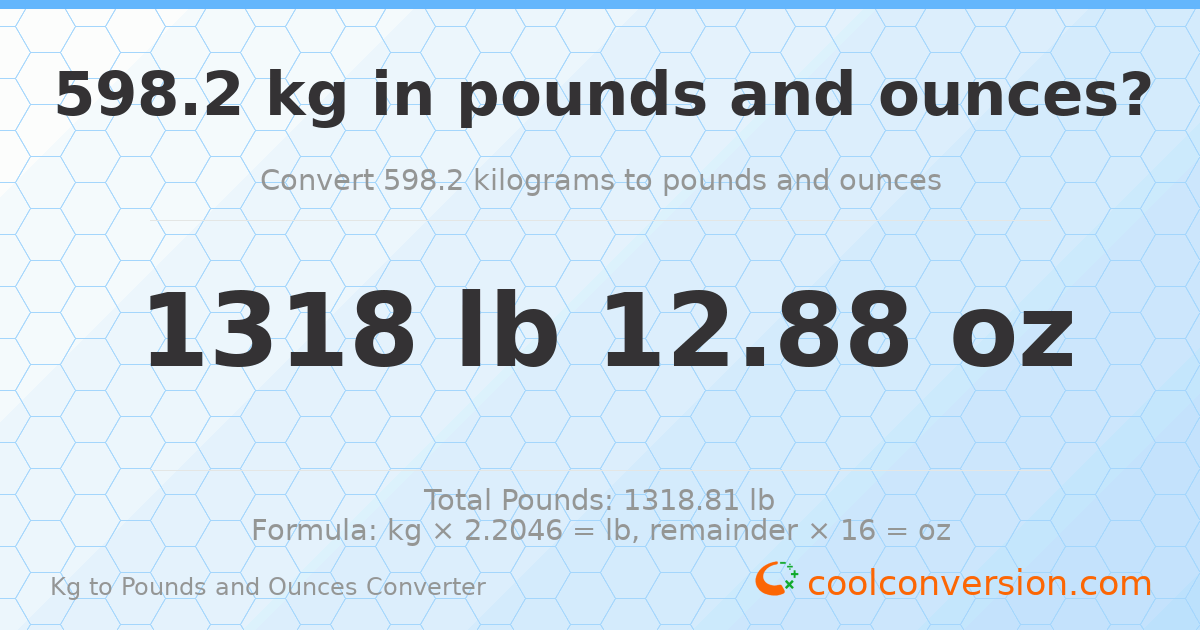 598.2 kg to lbs and oz — 598.2 kg = 1318 lb 12.88 oz