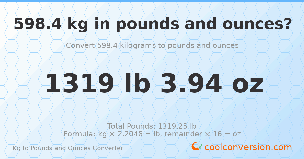 598.4 kg to lbs and oz — 598.4 kg = 1319 lb 3.94 oz
