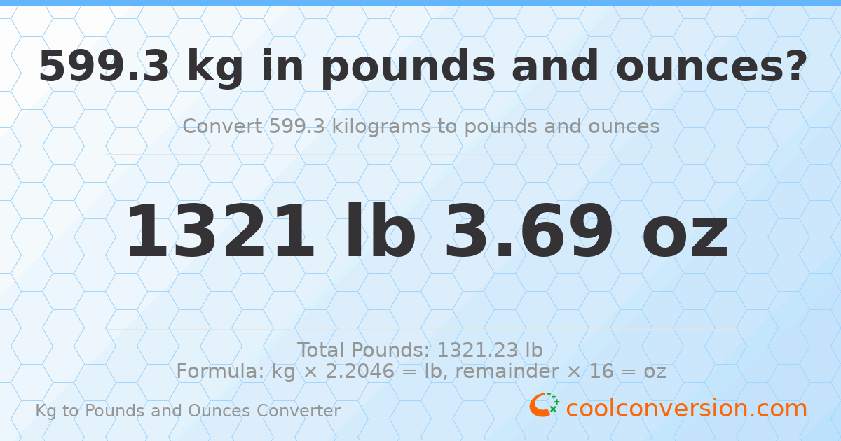 599.3 kg to lbs and oz — 599.3 kg = 1321 lb 3.69 oz