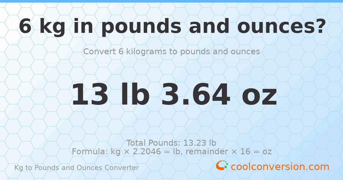 6 kg to lbs and oz — 6 kg = 13 lb 3.64 oz