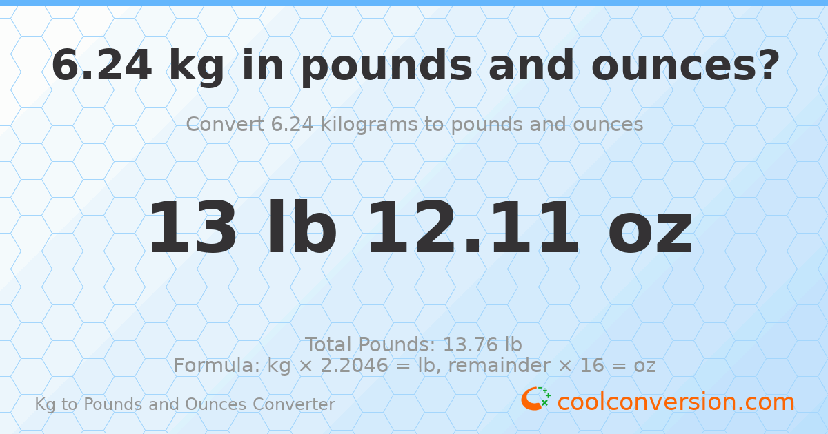 6.24 kg to lbs and oz — 6.24 kg = 13 lb 12.11 oz