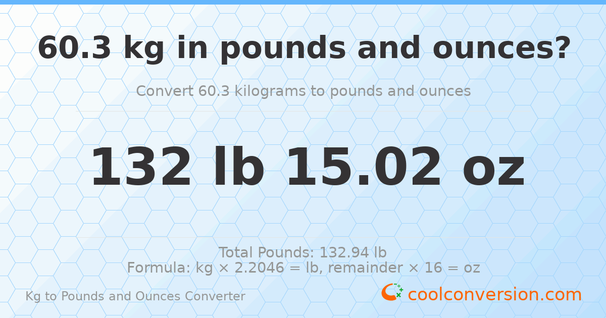 60.3 kg to lbs and oz — 60.3 kg = 132 lb 15.02 oz