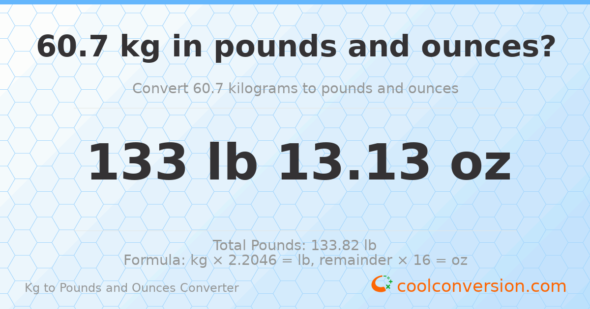 60.7 kg to lbs and oz — 60.7 kg = 133 lb 13.13 oz