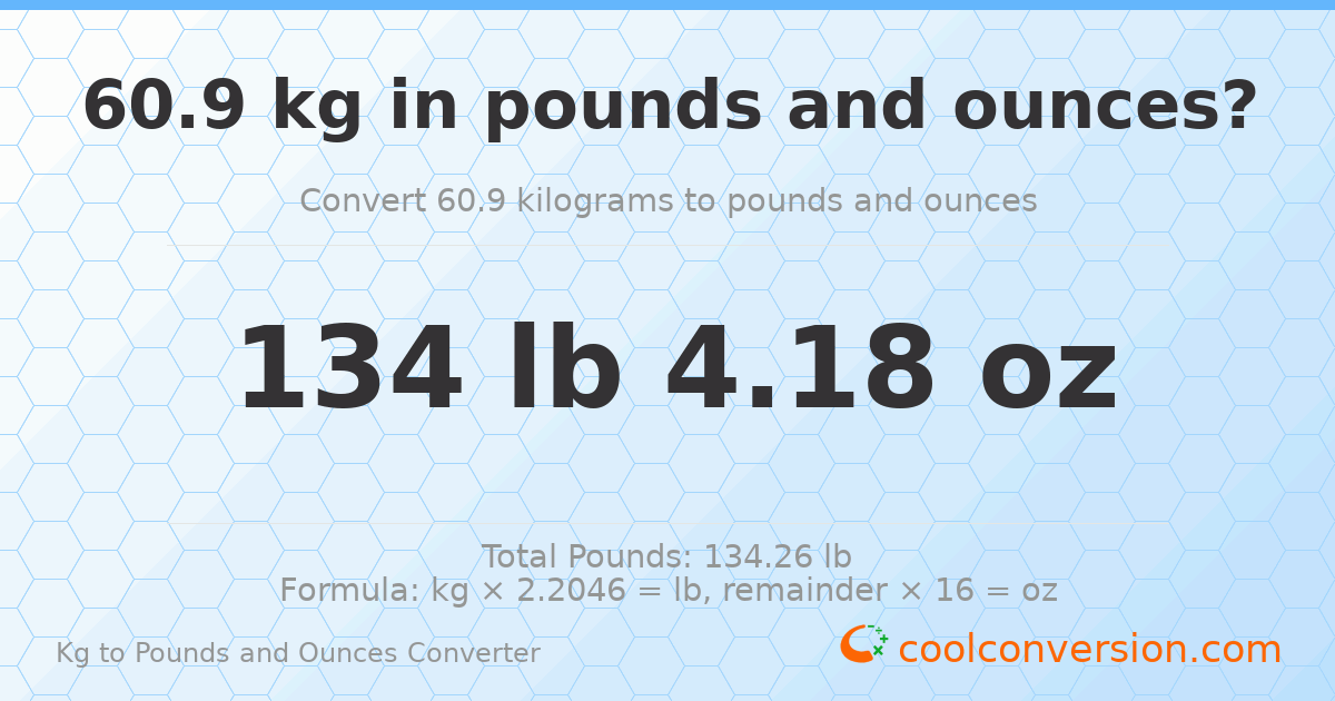 60.9 kg to lbs and oz — 60.9 kg = 134 lb 4.18 oz