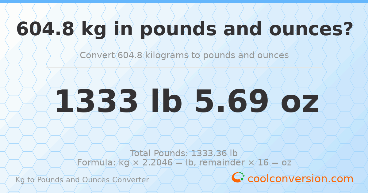 604.8 kg to lbs and oz — 604.8 kg = 1333 lb 5.69 oz