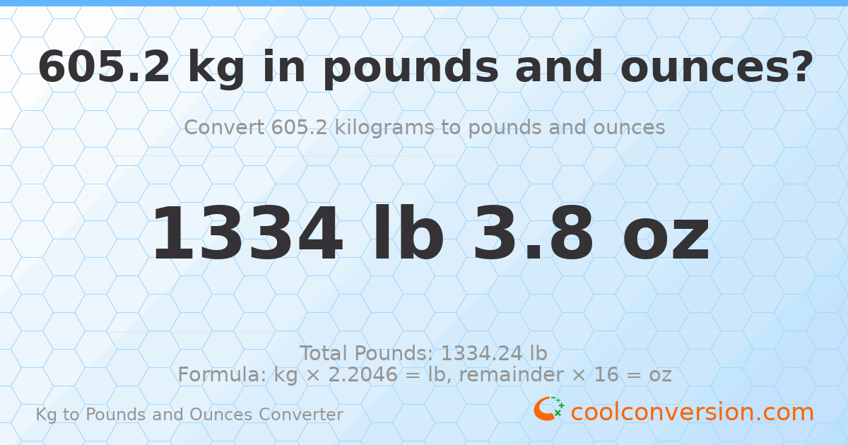 605.2 kg to lbs and oz — 605.2 kg = 1334 lb 3.8 oz