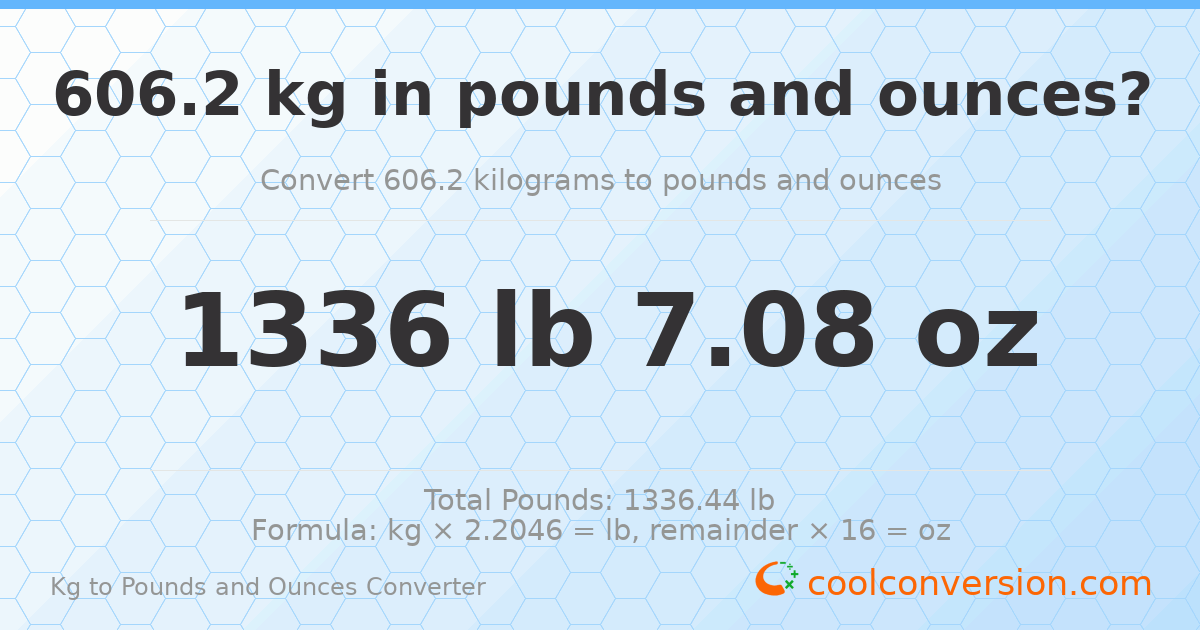606.2 kg to lbs and oz — 606.2 kg = 1336 lb 7.08 oz