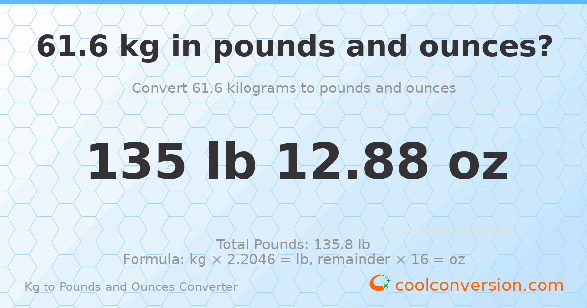 61.6 kg to lbs and oz — 61.6 kg = 135 lb 12.88 oz