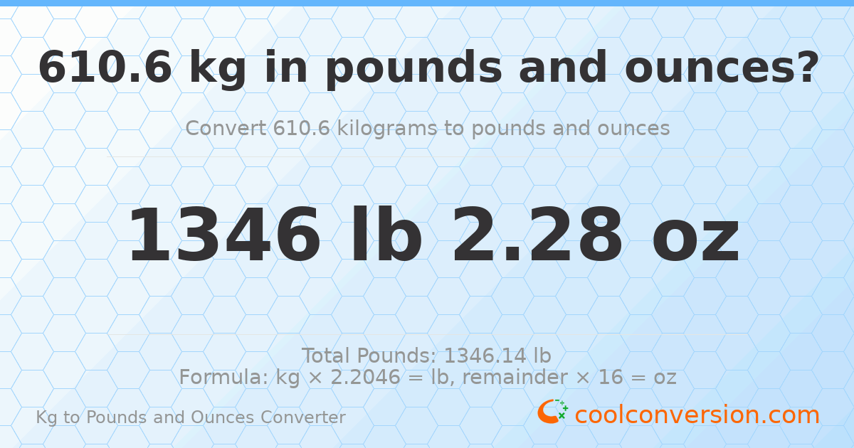 610.6 kg to lbs and oz — 610.6 kg = 1346 lb 2.28 oz