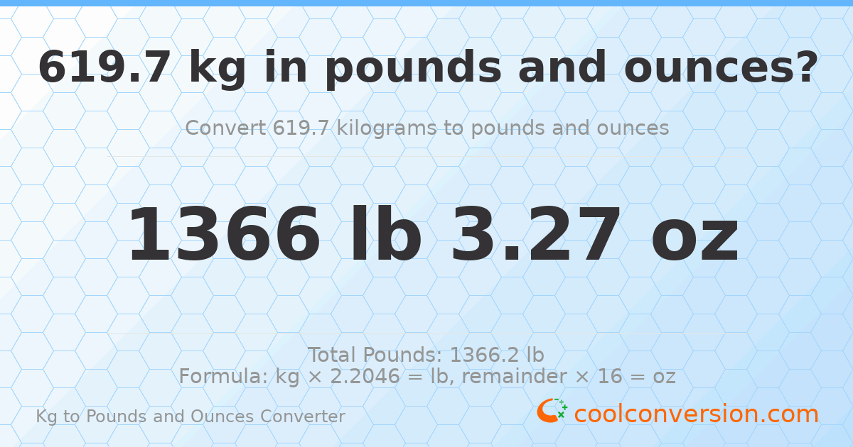 619.7 kg to lbs and oz — 619.7 kg = 1366 lb 3.27 oz