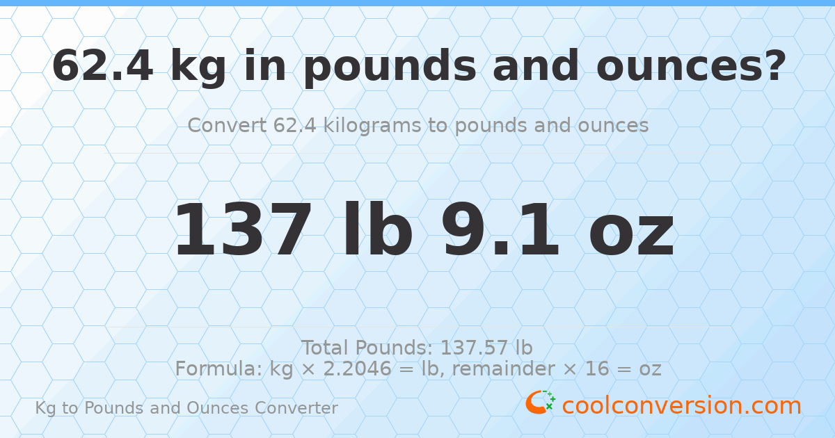 62.4 kg to lbs and oz — 62.4 kg = 137 lb 9.1 oz