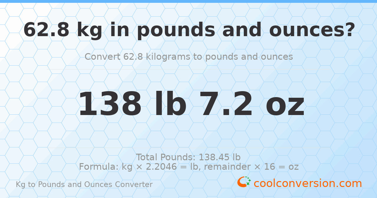 62.8 kg to lbs and oz — 62.8 kg = 138 lb 7.2 oz