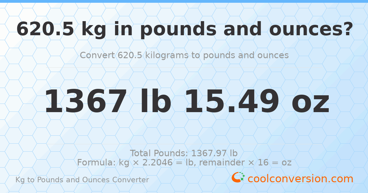 620.5 kg to lbs and oz — 620.5 kg = 1367 lb 15.49 oz