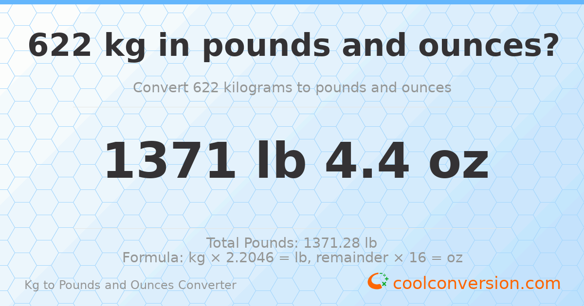 622 kg to lbs and oz — 622 kg = 1371 lb 4.4 oz