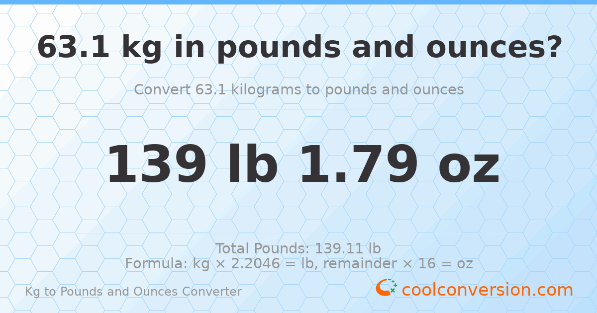 63.1 kg to lbs and oz — 63.1 kg = 139 lb 1.79 oz